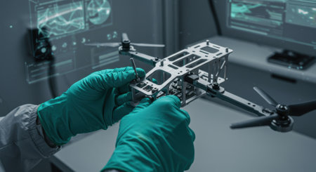Engineer in gloves assembles a drone in a modern laboratory. Development and assembly of unmanned aerial vehicles.の素材
