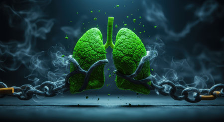 Green lungs shaped like leaves, wrapped in chains, surrounded by smoke, symbolizing the fight against smoking and pollution.の素材