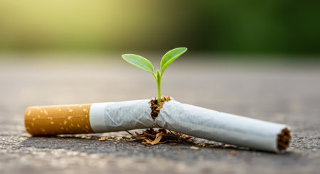 Broken cigarette with a small plant sprouting, symbolizing quitting smoking and new life, stop smoking concept.の素材