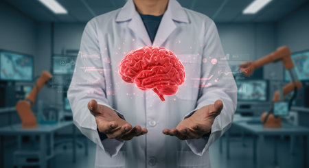 Doctor holding a digital brain model in a lab. Concept for medical research, artificial intelligence, and neurological science.の素材