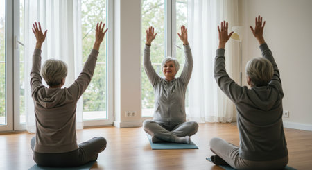 Senior women practicing yoga at home, sitting in lotus position with arms raised. Healthy lifestyle and wellness concept.の素材