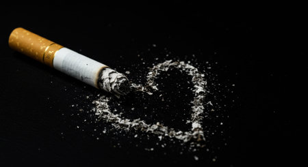 Cigarette with a heart shape made of ashes on a black background, symbolizing the dangers of smoking and its impact on health.の素材
