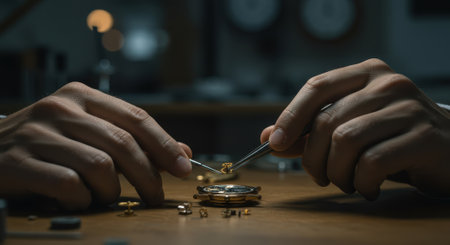 Close up of watchmakers hands repairing a watch with tweezers. Precision work, craftsmanship, and horology concept.の素材