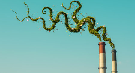 factory chimneys emitting green plants and flowers instead of smoke, symbolizing environmental protection and sustainability.の素材