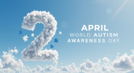 World Autism Awareness Day, April 2nd. Number 2 made of clouds with puzzle pieces in the sky. Symbol of autism spectrum disorder.の素材