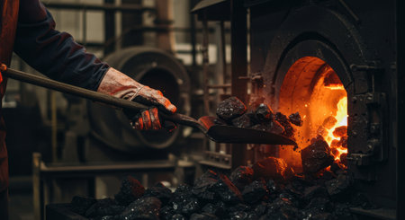 Worker loading coal into a furnace, showcasing industrial craftsmanship and heat in a manufacturing environment, highlighting the process of metalworking or blacksmithing.の素材