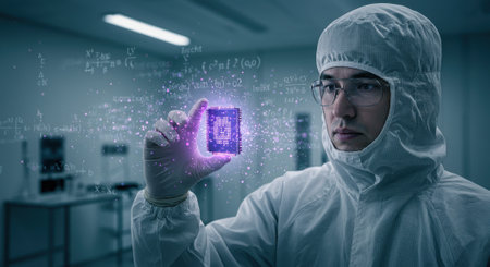 Researcher in a cleanroom suit holding a glowing quantum chip, surrounded by digital data and equations, representing advanced technology and innovation in a laboratory setting.の素材