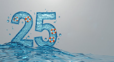 The number 25 made of water with lifebuoy details, symbolizing World Drowning Prevention Day, floating on a water surface, promoting safety awareness.の素材