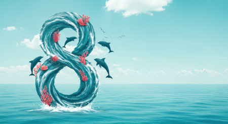Creative ocean themed illustration featuring the number 8 made of waves and coral, with dolphins swimming around, symbolizing World Oceans Day.の素材