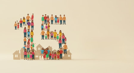 Illustration representing the International Day of Families, featuring diverse groups of people and houses arranged in the shape of the number 15, symbolizing family unity and community.の素材
