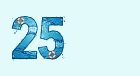 The number 25 depicted in water with lifebuoys, symbolizing World Drowning Prevention Day, emphasizing safety and awareness in aquatic environments.の素材