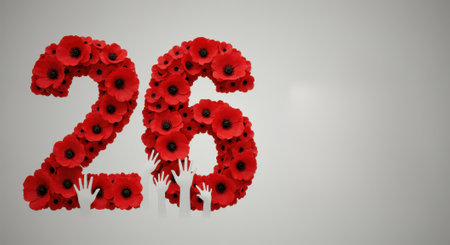 The number 26 formed with red poppy flowers, symbolizing the International Day Against Drug Abuse and Illicit Trafficking, with hands reaching out, conveying support and awareness.の素材