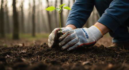 Person planting a young tree seedling in the forest, wearing gloves, promoting environmental conservation and reforestation efforts.の素材