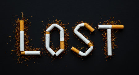The word LOST creatively formed with cigarettes and tobacco on a dark background, symbolizing the impact of smoking and loss associated with it.の素材