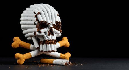 Artistic representation of a skull and crossbones made from cigarettes, symbolizing the dangers of smoking and tobacco use, against a dark background.の素材