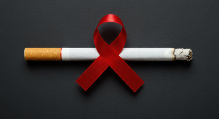 Red ribbon and cigarette on dark background. Concept for World AIDS Day, smoking cessation, and health awareness.の素材
