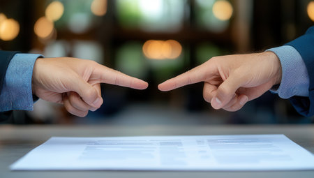Close up of two hands pointing at a printed business document on a table, indicating discussion or negotiation in a professional setting.の素材