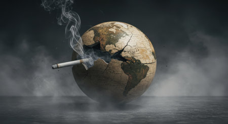 a cracked globe with a cigarette, symbolizing environmental damage and pollution.の素材