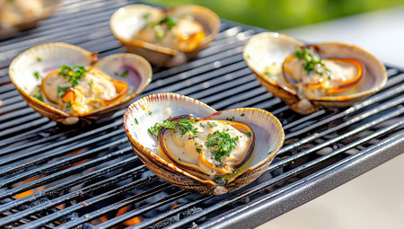 Grilled clams with garlic and parsley butter on a barbecue. Seafood cooking concept.の素材
