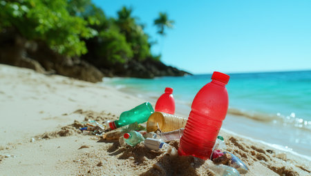 Plastic bottles and trash washed up on a pristine beach, highlighting environmental pollution and the impact of waste on natural landscapes.の素材