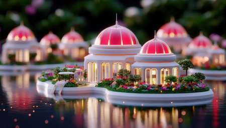 A futuristic cityscape featuring elegant domed buildings surrounded by lush gardens and water, showcasing innovative architecture and vibrant colors.の素材