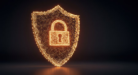 Glowing shield with padlock, made of data points. Represents security, trust, and data protection.の素材