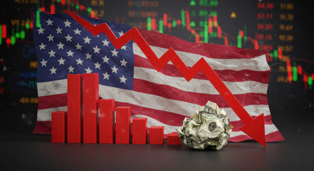 US economic crisis concept with downward graph, crumpled dollar, and American flag. Symbolizes financial downturn and market decline.の素材