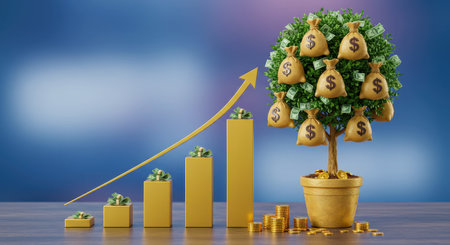 Money tree with cash sacks and a growing bar graph. Concept for investment, financial growth, and wealth accumulation.の素材