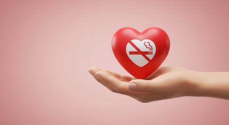 3D rendering of a hand holding a red heart with a no smoking symbol, promoting a healthy lifestyle and advocating for World No Tobacco Day.の素材