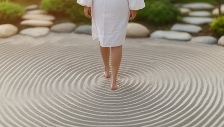 Woman in white robe walking barefoot on a circular sand pattern, promoting tranquility, mindfulness, and relaxation.の素材