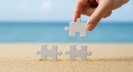 Hand placing a jigsaw puzzle piece on two others on a sandy beach. Concept of problem solving, teamwork, and solutions.の素材