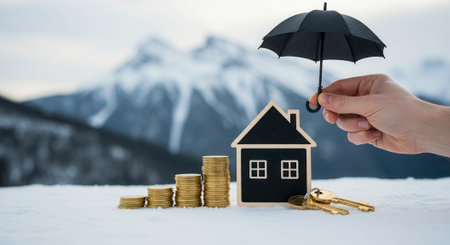 Hand holding umbrella over house, coins, and keys in snow. Concept for home protection, insurance, investment, and real estate.の素材