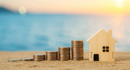 Miniature wooden house next to ascending stacks of coins on sand, suggesting property value increase. Concept of real estate investment and savings.の素材