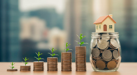 Concept of investment and real estate. Coins stacked with growing plant and house model on jar. Financial planning for home purchase.の素材