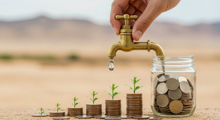 Conceptual image of financial growth. A hand turns on a faucet, filling a jar with coins. Coins also stack up with small plants growing on top, symbolizing investment and savings.の素材