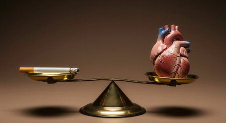 Conceptual image showing a cigarette and a heart on a scale, illustrating the health risks of smoking. Concept of health, smoking, and addiction.の素材