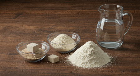 Ingredients for baking bread, flour, yeast, water on a wooden table. Concept of homemade baking, cooking, and food preparation.の素材