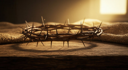 Crown of thorns on a wooden surface with burlap. Symbol of sacrifice, suffering, and resurrection. Easter religious concept.の素材