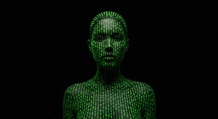 A woman covered in green binary code against a black background. Concept of technology, artificial intelligence, and digital world.の素材