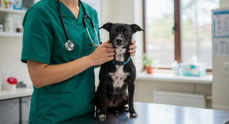 Veterinarian in green scrubs with stethoscope petting a small black dog on an examination table. Concept of pet care, veterinary medicine, and animal health.の素材