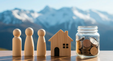 Family saving money for a house. Wooden figures, house model, and jar of coins against a mountain backdrop. Concept for real estate, investment, and financial planning.の素材