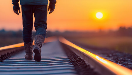 A man walking along a railway track at sunset, evoking a sense of nostalgia and adventure, with vibrant colors in the sky and a peaceful landscape.の素材