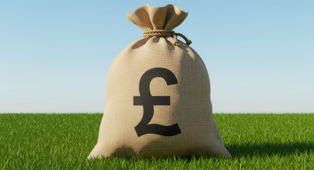 Money bag with the British pound symbol on green grass. Symbolizes finance, investment, and wealth.の素材
