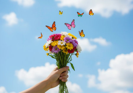 Hand holding a colorful flower bouquet with butterflies flying up against a blue sky with clouds. Celebratory, spring, summer, nature, and environmental concepts.の素材