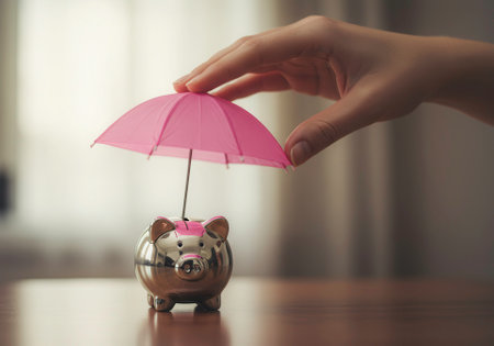 Hand holding a pink umbrella over a piggy bank. Symbolizes financial protection, savings, and insurance.の素材
