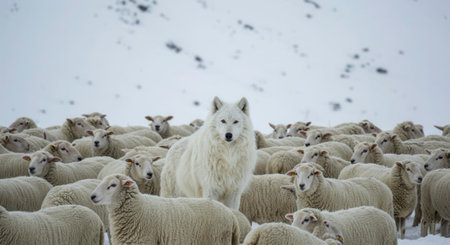 A white wolf stands among a flock of sheep in a snowy field, symbolizing concepts like leadership, individuality, and strategy.の素材