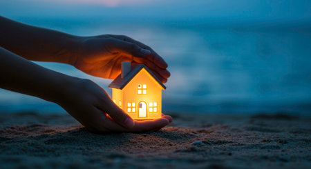 Hands hold a glowing model house on a sandy beach at dusk, symbolizing home ownership, real estate investment, and the dream of coastal living. Represents security and aspiration.の素材