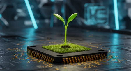 A seedling grows from a microchip covered in grass, symbolizing technology, nature, and sustainability. Illustrates innovation, environmental responsibility, and the future of green technology.の素材