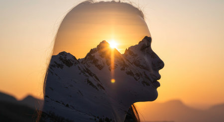 Double exposure of a womans profile silhouette with sharp lines against a warm sunset. Inside the silhouette are snow capped mountains.の素材
