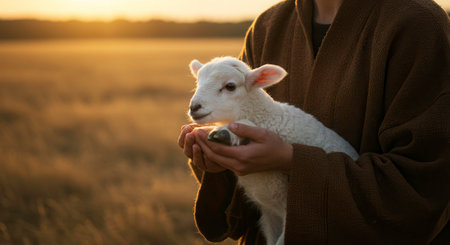 Person in robe holds a lamb in their hands in a field at sunset. Concept of care, innocence, faith, and religion.の素材